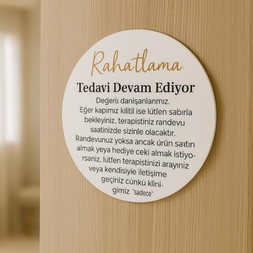 Özel “Tedavi Devam Ediyor” Kapı Tabelası – Klinikler, Salonlar, Spalar ve Sağlık Alanları için Kişiselleştirilmiş Tabela
