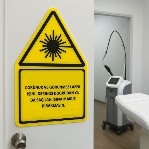 Lazer Radyasyonu Uyarı İşareti | Klinikler, Salonlar ve Tıbbi Tesisler için Akrilik Sınıf 4 Lazer Güvenlik İşareti | Sarı Üçgen Lazer Dikkat
